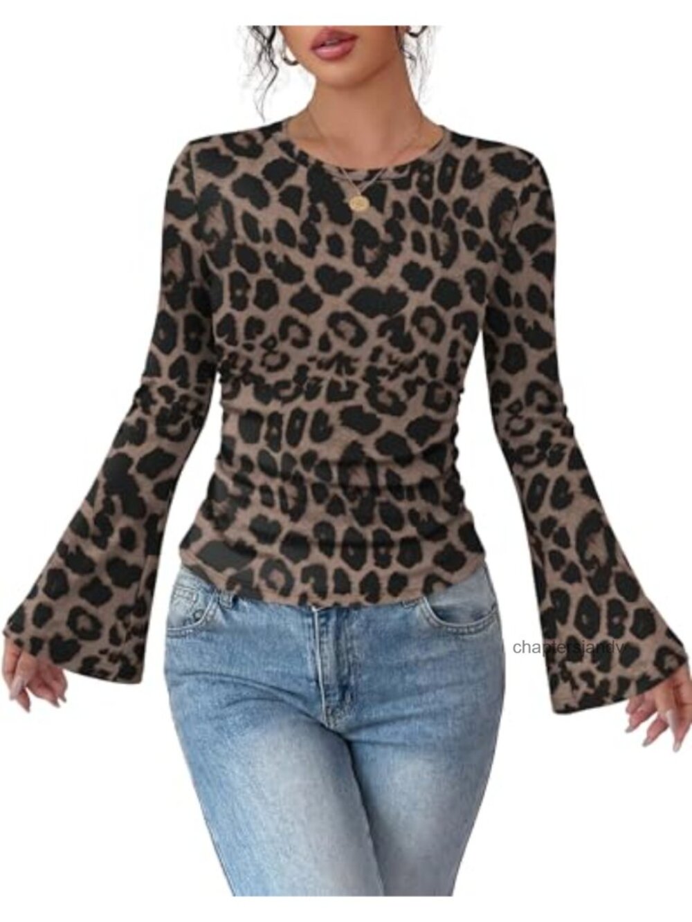Womens Bell Long Sleeve Ruched Slim Fit T-Shirt Y2K Going Out Crew Neck